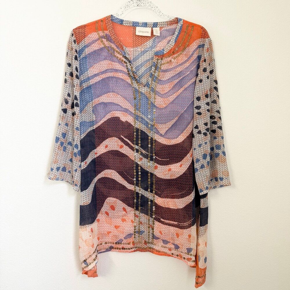 Chico’s Blouse Tunic sequins flowy artsy pattern coastal granny-core Sheer Sz 1